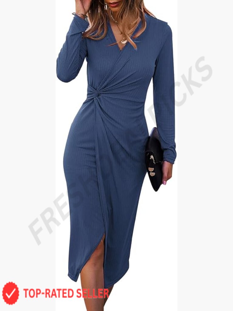 Long Sleeve Midi Dress V Neck Twist Waist Ribbed Knit Bodycon Slit Cocktail